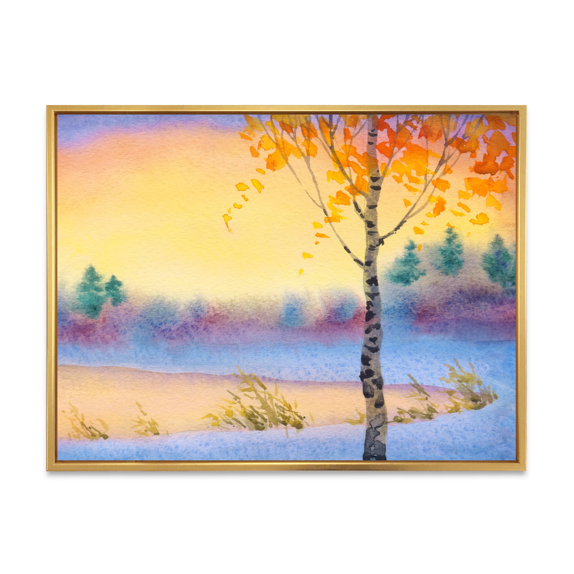 Evening Sky Over Lake Winter Landscape 32 in x 24 in Framed Painting Canvas Art Print, by Designart