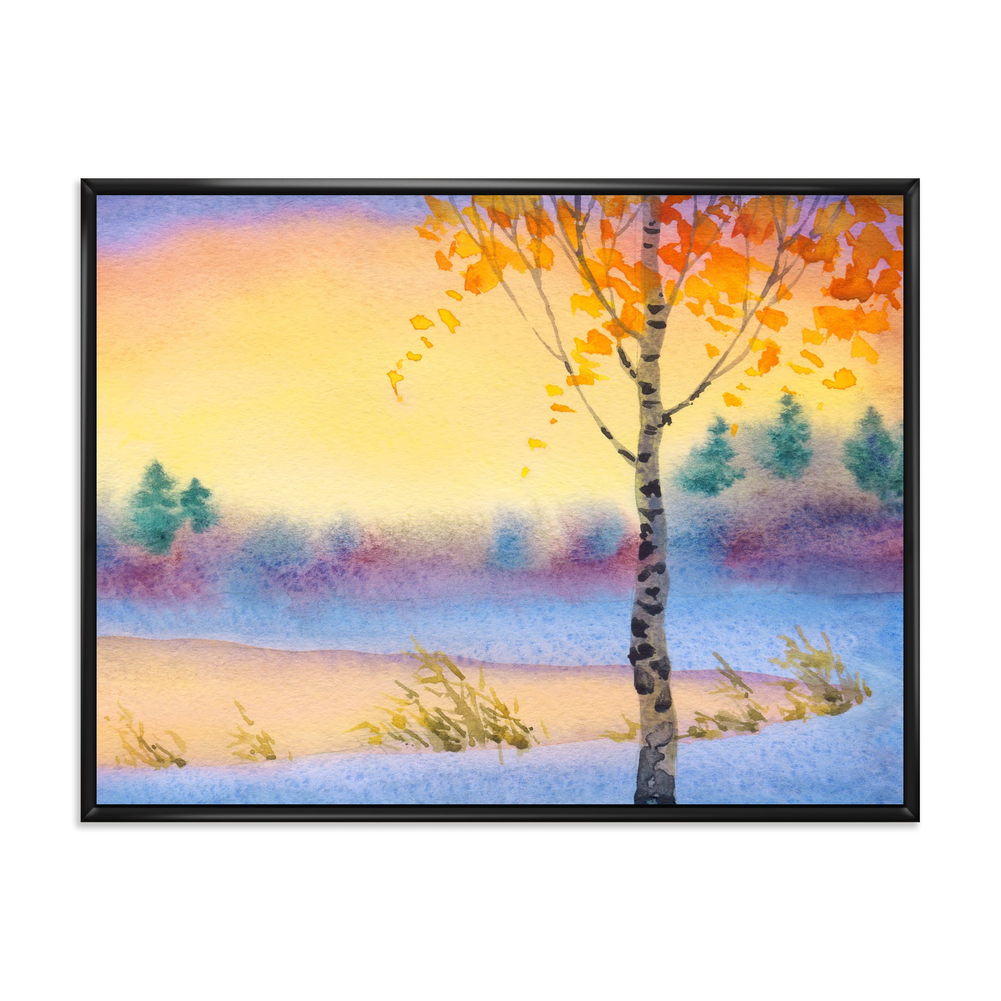 Evening Sky Over Lake Winter Landscape 40 in x 30 in Framed Painting Canvas Art Print, by Designart
