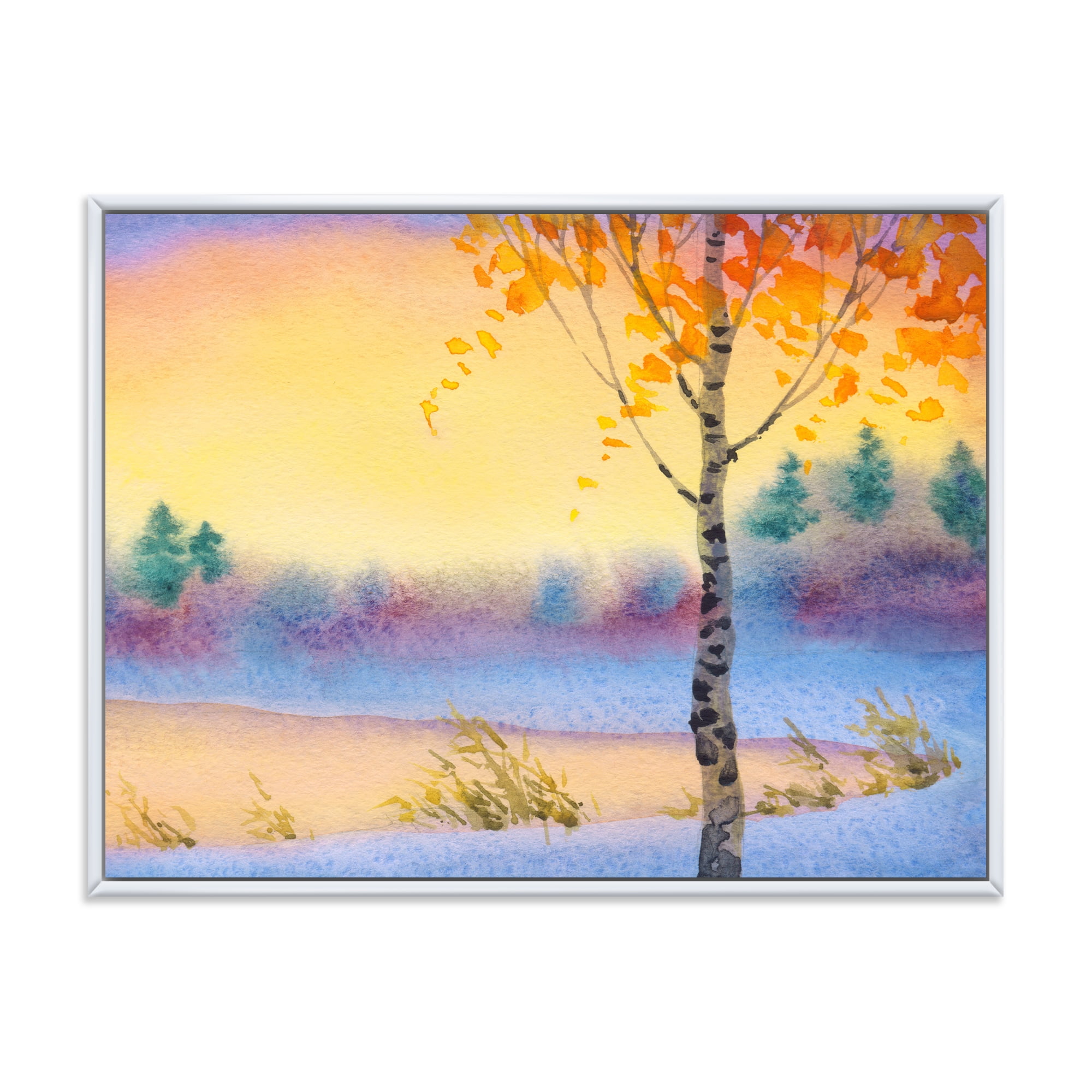 Evening Sky Over Lake Winter Landscape 40 in x 30 in Framed Painting Canvas Art Print, by Designart