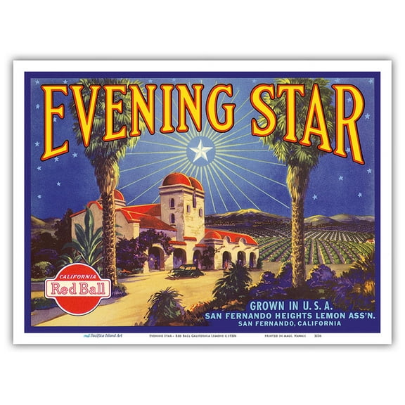 Evening Star - Red Ball California Lemons - Vintage Fruit Crate Label c.1930s - Master Art Print (Unframed) 9in x 12in