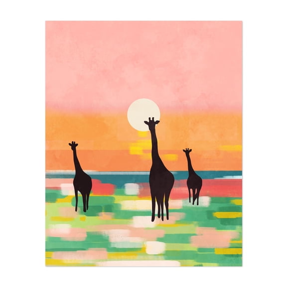 Evening Stroll in the Savannah - India Illustration Sunset Abstract Wildlife Pastel Minimalist Surrealism Unframed Wall Art Print 36 x 48 inches
