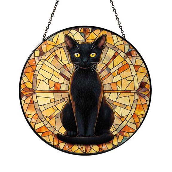 Evening Sunset Cat Stained Glass Style Ornament Window Decor, Feline Art Hanging Panel, Decorative Glass Accent Gift