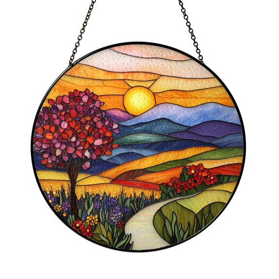 Evening Sunset Over Hills Stained Glass Suncatcher for Window Decor, Calm Mountain Scenery, Thoughtful Nature Gift Idea