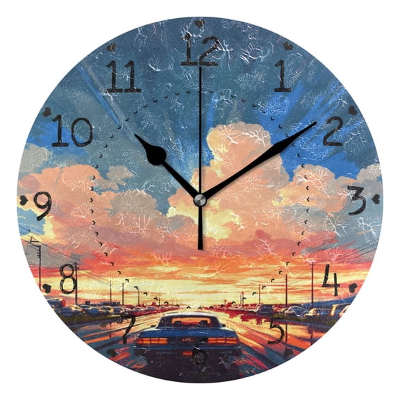 Evening Sunset and Car Round Wall Clock Silent Battery Operated Home Decor for Living Room Bedroom