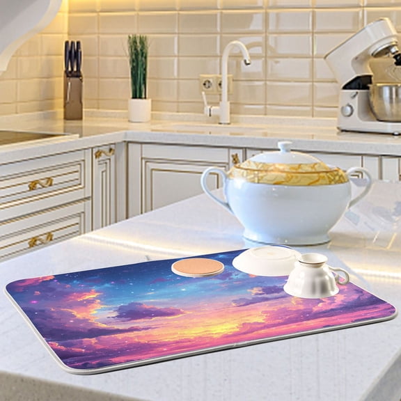 Evening Sunset and Clouds Cartoon Dish Drying Mats for Kitchen Counter Absorbent Microfiber Coffee Pad