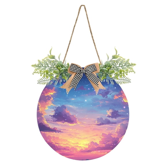 Evening Sunset and Clouds Cartoon Front Door Porch Decoration Hanging Sign with Artificial Green Plants and Bow for Home Outdoor Indoor