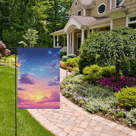 Evening Sunset and Clouds Cartoon Garden Flag 12x18 inch Double Sided Outside Yard Decorations for Home Outdoor