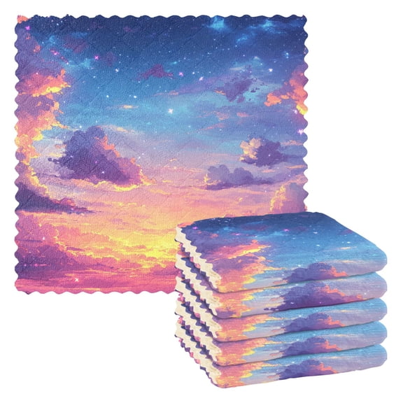 Evening Sunset and Clouds Cartoon Kitchen Cloth Dish Towels for Drying Washing Absorbent Dish Rags 6 Pack