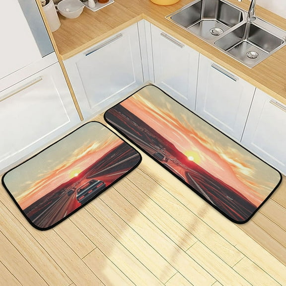 Evening Sunset and Highway Kitchen Mat Set of 2 Cushioned Non Slip Rugs for Bedroom Floor Runner Mats