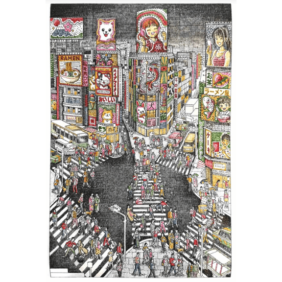 Evening in Tokyo Typewriter Art Print - Hand-Typed on a Vintage 1930s Typewriter with Antique Color Ribbons, Neon Shibuya Crossing Scene Featuring Hundreds of Pedestrians