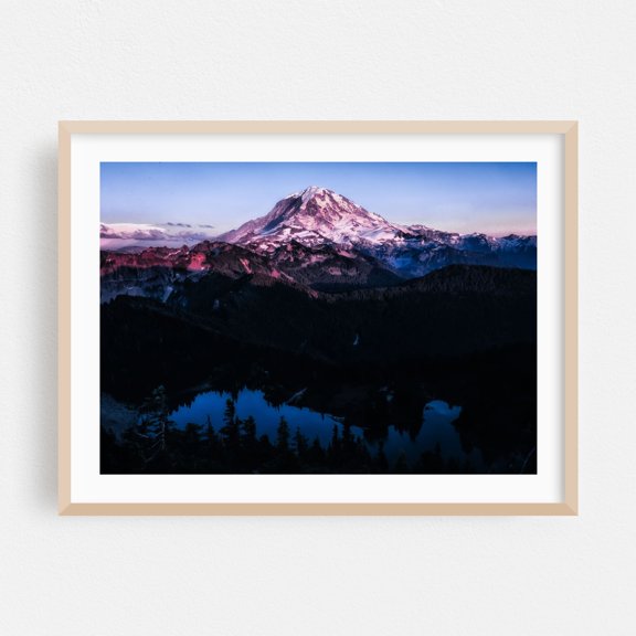 Evening at Tolmie Peak, Mt. Rainier - Washington Photography Mountain Scenic Landscape Nature Snow Night Sky Lake Oak Framed Wall Art Print 5 x 7 inches