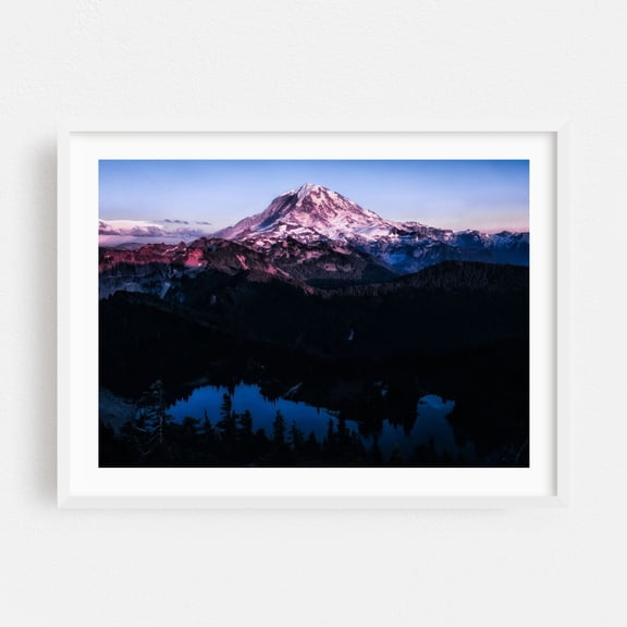 Evening at Tolmie Peak, Mt. Rainier - Washington Photography Mountain Scenic Landscape Nature Snow Night Sky Lake White Framed Wall Art Print 24 x 36 inches