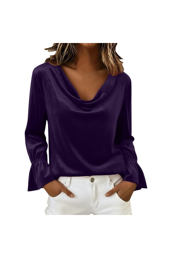 Evening Tunic with Draped Cowl Neck – Women's Elegant Metallic Velvet Long Sleeve Top, Solid Color Luxe Blouse for Dressy Casual Wear, Loose Fit Soft Drape Fall Winter
