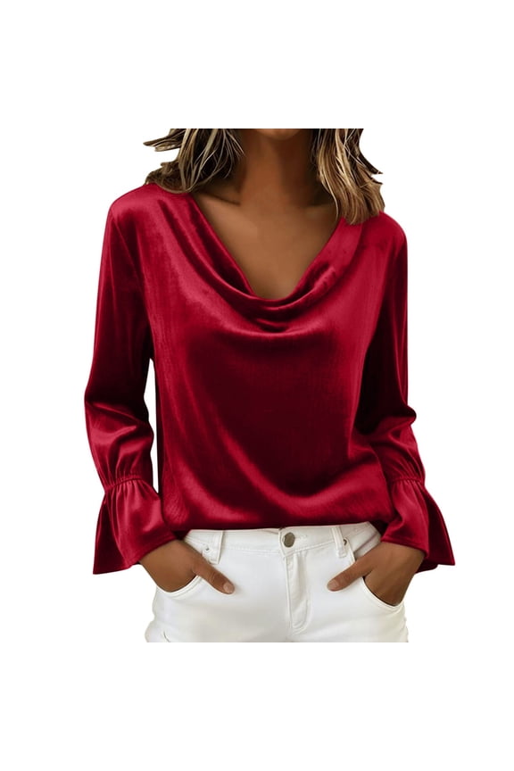 Evening Tunic with Draped Cowl Neck – Women's Elegant Metallic Velvet Long Sleeve Top, Solid Color Luxe Blouse for Dressy Casual Wear, Loose Fit Soft Drape Fall Winter