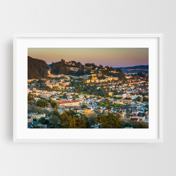 Evening View from Hawk Hill Park - San Francisco California Photography Cityscape Landscape Scenic Architecture Sunset Travel Poster White Framed Wall Art Print 5 x 7 inches