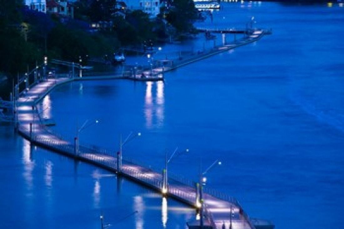 Evening View of a pontoon Bridge over Brisbane River Brisbane Queensland Canvas Art - Walter Bibikow DanitaDelimont (26 x 18)