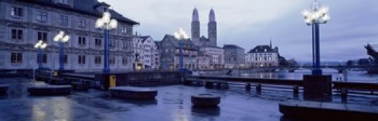 Evening Zurich Switzerland Canvas Art - Panoramic Images (36 x 12)