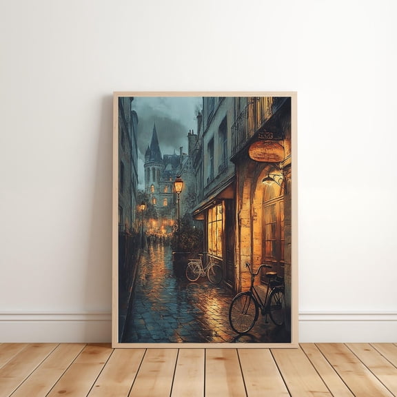 Evening in Old Paris Village Street Scene Modern Scene Wall Decor Poster Art Poster E1059, Unframed Poster Size 12x18 F03.1.18l838