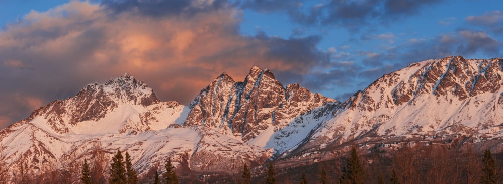 Evening light on Twin Peaks and Pioneer Peak of the Chugach Mountain Range Southcentral Alaska spring Canvas Art - Carl Johnson Design Pics (35 x 13)
