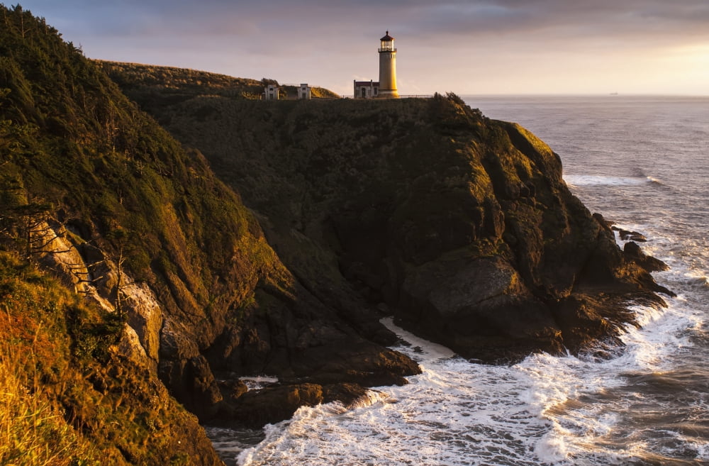 Evening light warms North Head Lighthouse Ilwaco Washington United States of America Canvas Art - Robert L Potts Design Pics (38 x 24)