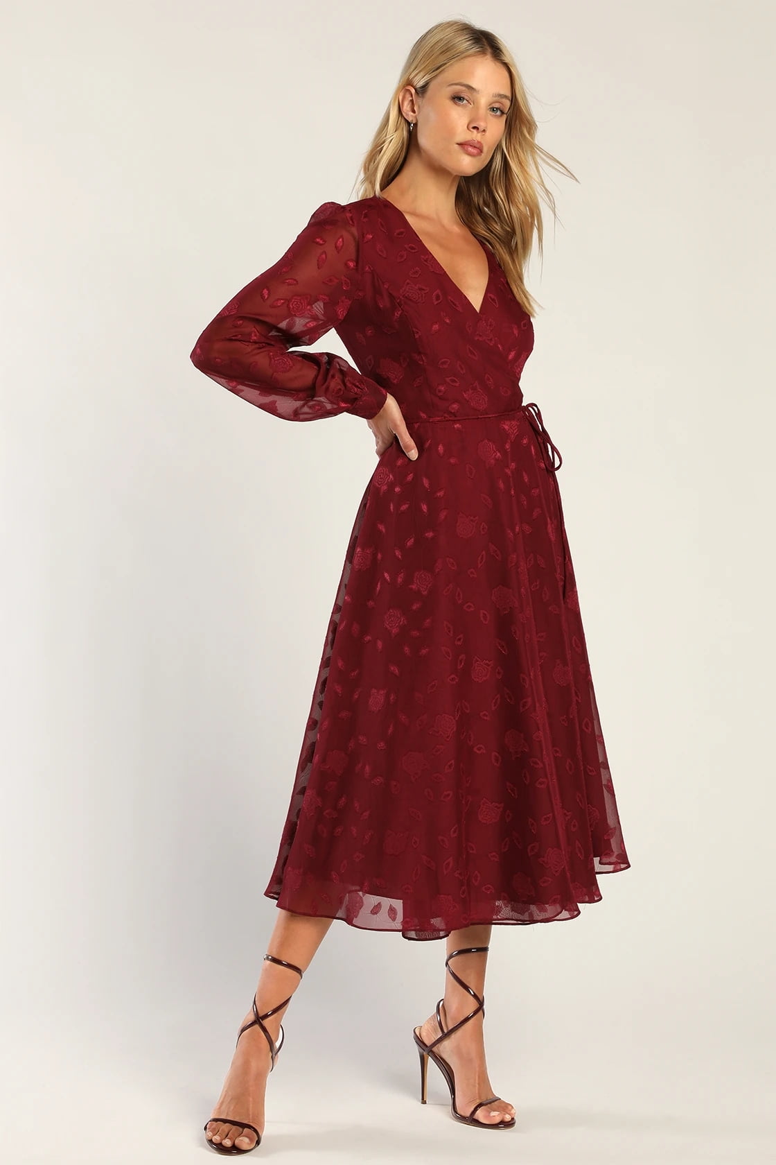 Evening of Elegance Burgundy Floral Jacquard Wrap Midi Dress Walmart