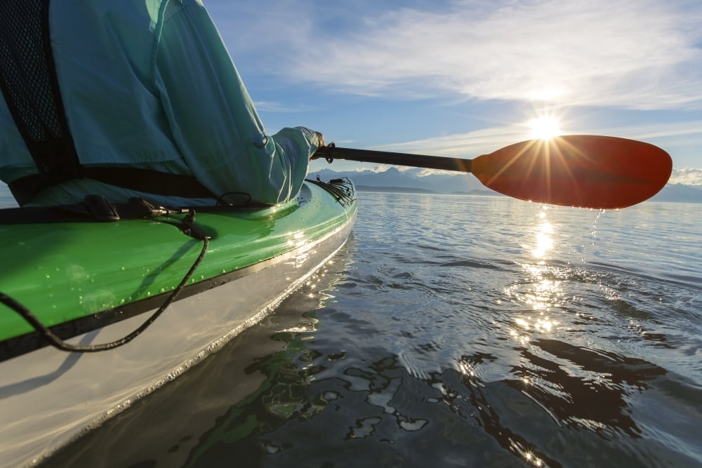 Evening sea kayaking in Lynn Canal near Eagle Beach State Recreation Area Juneau Alaska Chilkat Mountains beyond in the distance Canvas Art - John Hyde Design Pics (19 x 12)