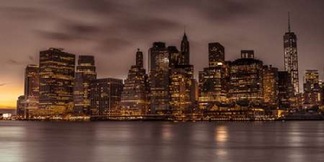 Evening shot of Lower Manhattan skyline New York Canvas Art - Assaf Frank (10 x 20)
