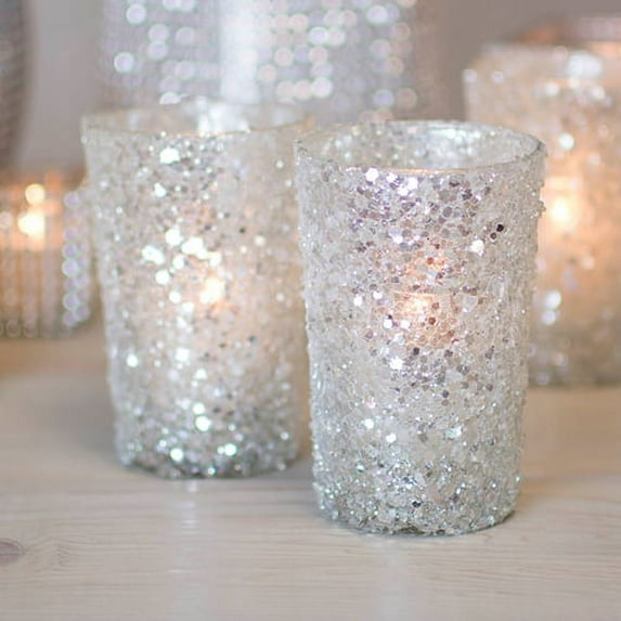 Event Decor Silver Beaded Glittered Glass Votive Candle Holders 4.25 in x 2.75 Set of 16