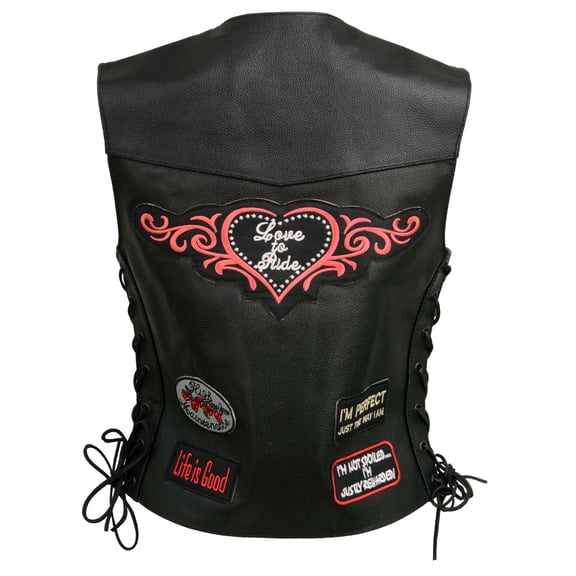 Event Leather ELL4900 Women’s 'Love to Ride' Black Leather Motorcycle Patched Embroidered Vests with Side Laces 5X-Large