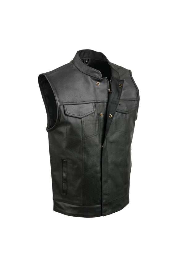 ELM3910 Men's Black Motorcycle Leather Riders Club Style Vest w/ Dual Closure 7X-Large