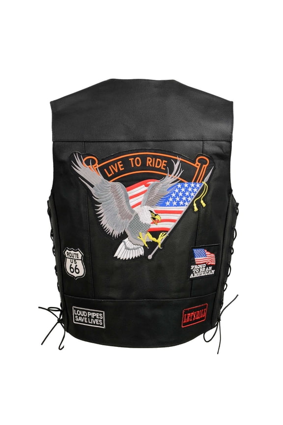 Event Leather ELM3930 Men’s Black Motorcycle Riders Leather Vest w/ 9 Patches and Adjustable Side Laces Large