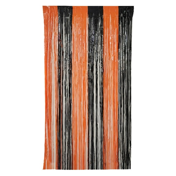 Event & Party-Orange And Black Foil Curtains 6.6x3.3 Feet | Halloween Fringe For Halloween Decorations | Orange And Black Door Streamers Orange Foil Fringe Curtain For Orange Party Decoration