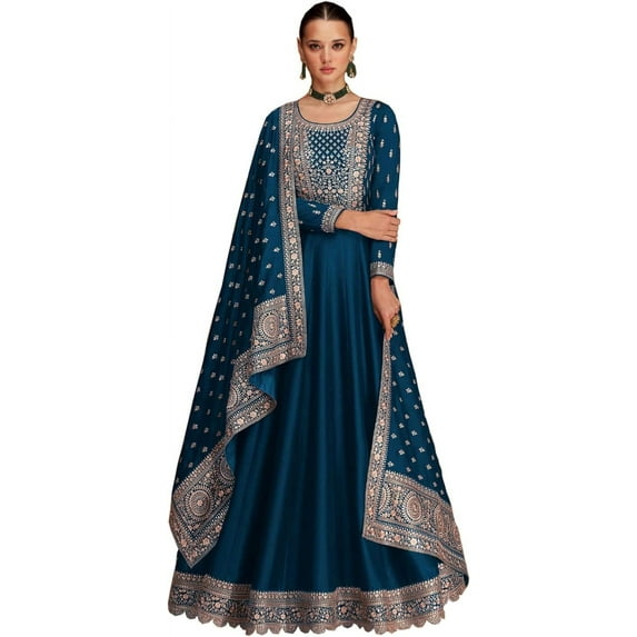 Event Wear Anarkali Gown Outfits Indian Pakistani Designer Salwar Kameez Suits ( Blue, S - 38 )