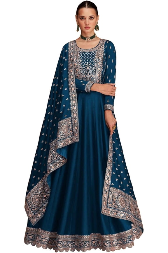 Event Wear Anarkali Gown Outfits Indian Pakistani Designer Salwar Kameez Suits ( Blue, XS - 36 )