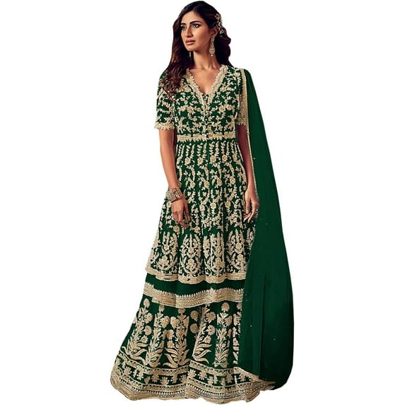Event Wear Indian Designer Anarkali Sharara Dress Pakistani Salwar Kameez Suits ( Green, 4XL - 50 )