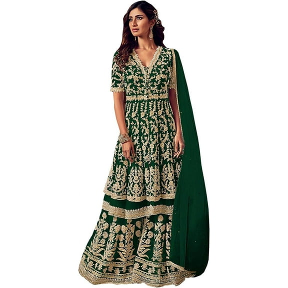 Event Wear Indian Designer Anarkali Sharara Dress Pakistani Salwar Kameez Suits ( Green, XXL - 46 )