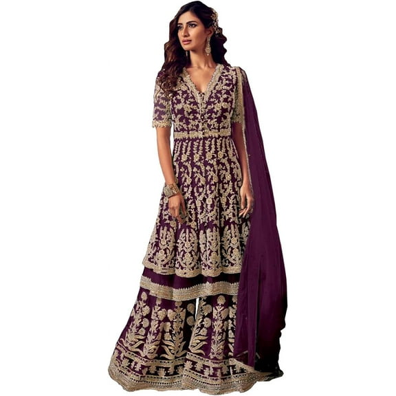 Event Wear Indian Designer Anarkali Sharara Dress Pakistani Salwar Kameez Suits ( Purple, 4XL - 50 )