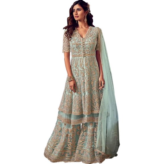 Event Wear Indian Designer Anarkali Sharara Dress Pakistani Salwar Kameez Suits ( Sky Blue, XL - 44 )