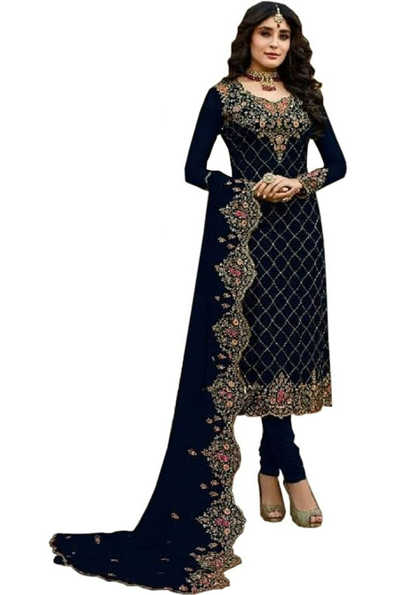 Event Wear Indian Pakistani Designer Stitched Churidar Salwar Kameez Dupatta Suits ( Blue, 5XL - 52 )