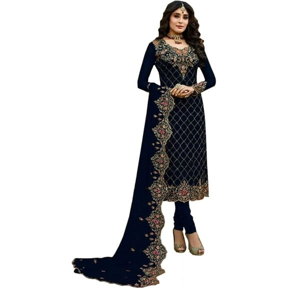 Event Wear Indian Pakistani Designer Stitched Churidar Salwar Kameez Dupatta Suits ( Blue, 5XL - 52 )
