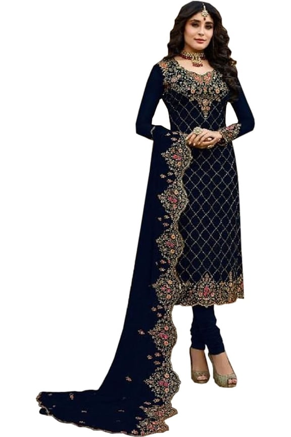 Event Wear Indian Pakistani Designer Stitched Churidar Salwar Kameez Dupatta Suits ( Blue, L - 42 )