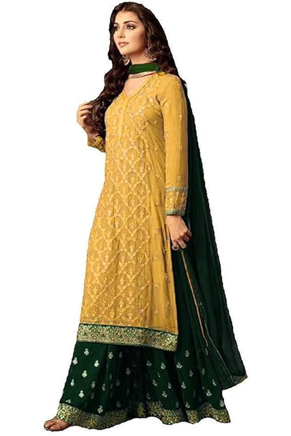 Event Wear Indian Salwar Kameez Suits Pakistani Designer Sharara Plazzo Outfits ( Yellow, 5XL - 52 )