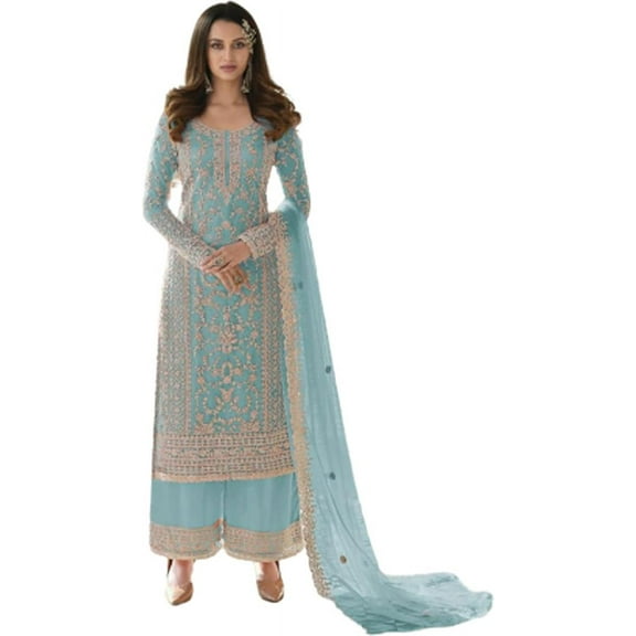 Event Wear Pakistani Indian Designer Shalwar Kameez Suits Sewn Plazo Dress ( Sky Blue, L - 42 )