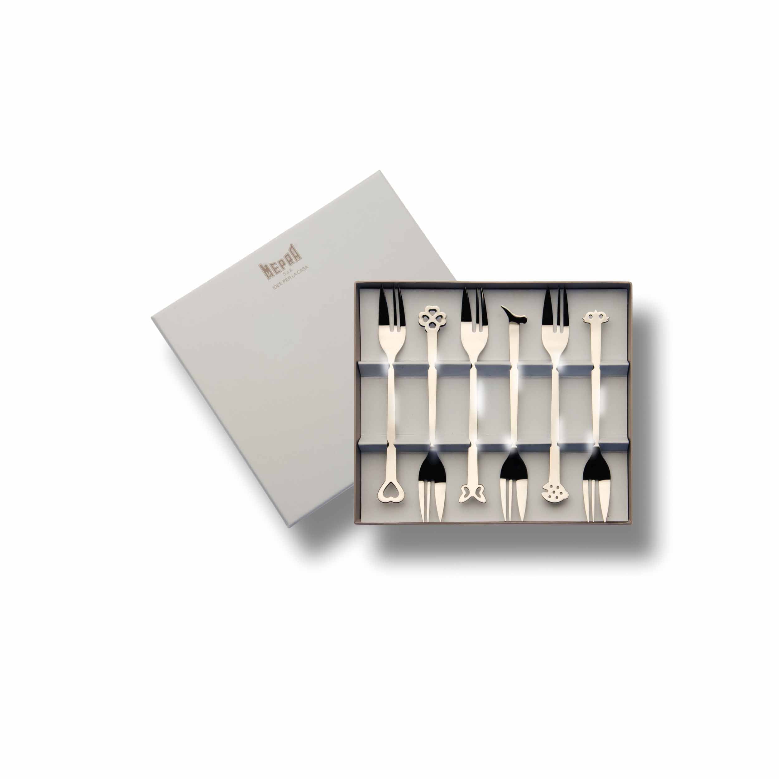 Evento Stainless Steel Cake Fork Set with Fun Designs, 6 Pieces