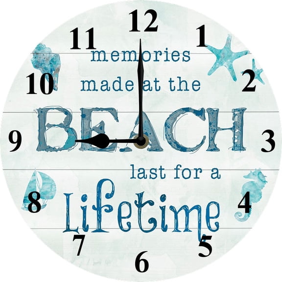 Eveokoki 10 Inch Beach Decorative Wall Clocks Silent Battery Operated,Lifetime Beach Memories Farmhouse Wooden Clock for Bathroom Kitchen Bedroom Pool Cottage Living Room