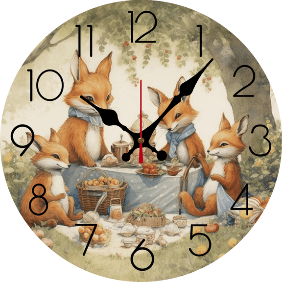 Eveokoki 10 Inch Silent Wooden Wall Clock,Foxes Sitting Around Table Design, Round Non-Ticking Decorative Clock for Nursery, Bedroom, Living Room, Farmhouse Style Home Decor