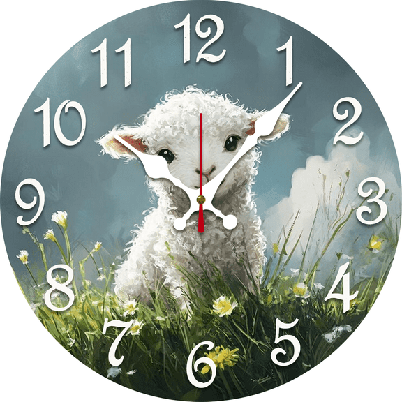 Eveokoki 10 Inch Silent Wooden Wall Clock,Lamb Field Daisie Round Non-Ticking Decorative Clock for Nursery, Bedroom, Living Room, Farmhouse Style Home Decor