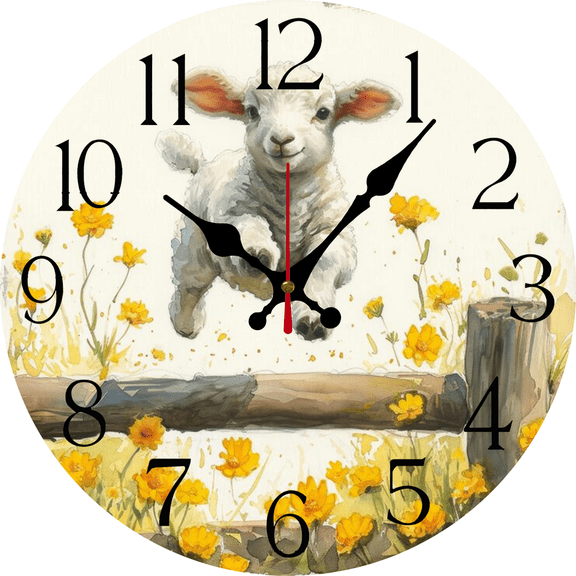 Eveokoki 10 Inch Silent Wooden Wall Clock,Lamb Leaping Fence Round Non-Ticking Decorative Clock for Nursery, Bedroom, Living Room, Farmhouse Style Home Decor