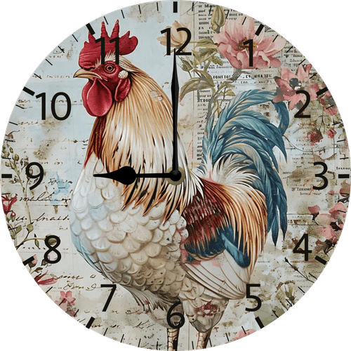 Eveokoki 10Inch Wooden Clocks Art Hanging Clocks Silent Non-Ticking Wall Clock Battery Operated Round Home Vintage Rooster Style Arabic Numeral Vintage Decorative Wall Clocks