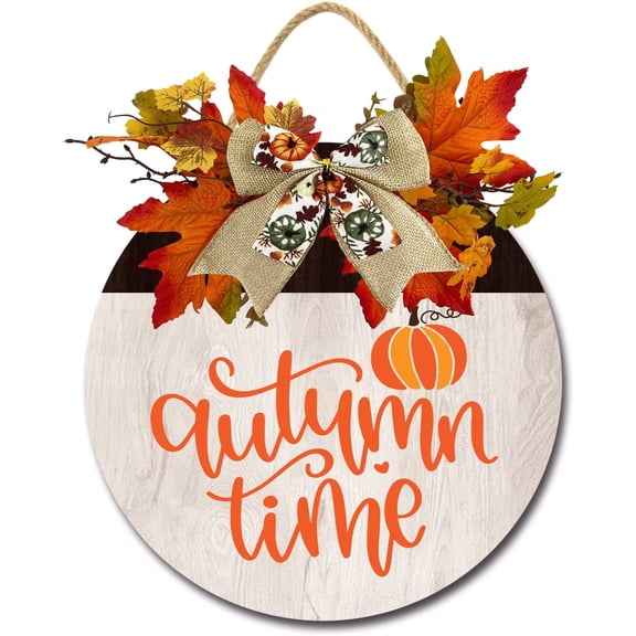 Eveokoki 11" Autumn Time Pumpkin Signs for Front Door Farmhouse Porch Rustic Round Wooden Hanging Wreaths for Housewarming Gift Festival Maple Leaves Decoration Outdoor Indoor Wall Decor
